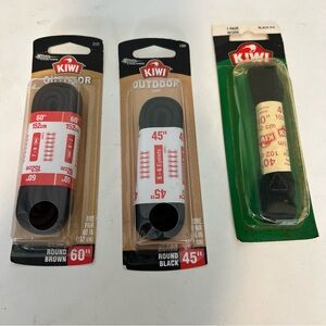 Set of 3 Kiwi men’s shoelaces.   60” brown, 45” black and 40” black.  New